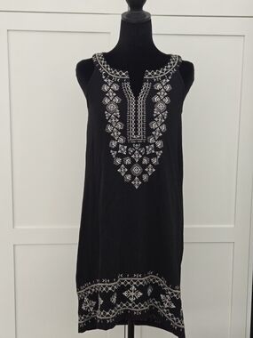 Style & Co. Petite Black Embroidered Boho Shift Dress Black Cream Sleeveless PP